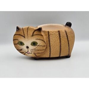 Cute Cat Planter Ceramic Brown Tabby Whiskers Green Eyes Tail‎ Pot Home Decor
